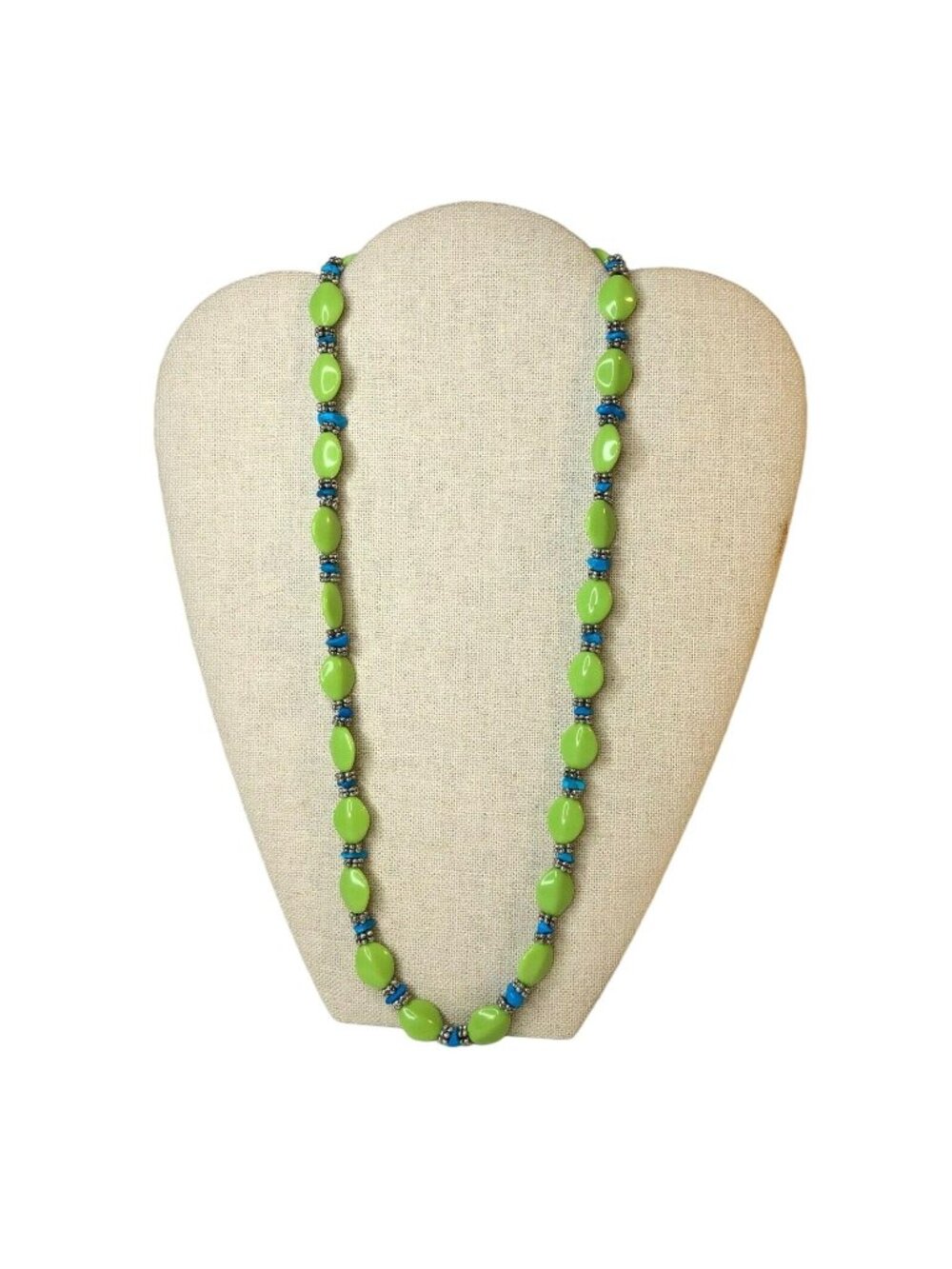 Handcrafted Lime Green & Blue Beaded Necklace With Toggle Clasp